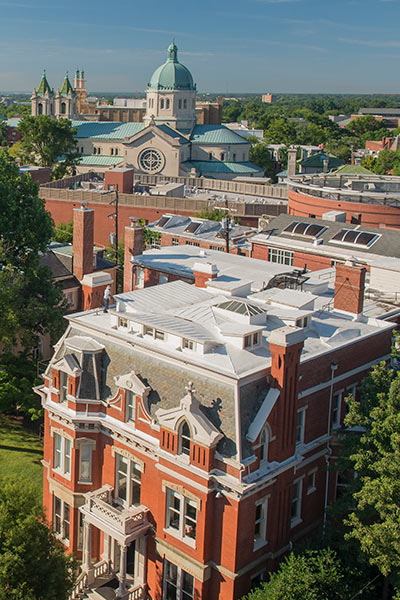 an aerial view of Founders Hall on the v. c. u. campus.