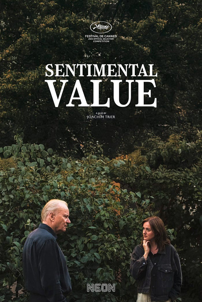 A movie poster for 'Sentimental Value' including the film title and the image of a man and woman standing in front of tall bushes